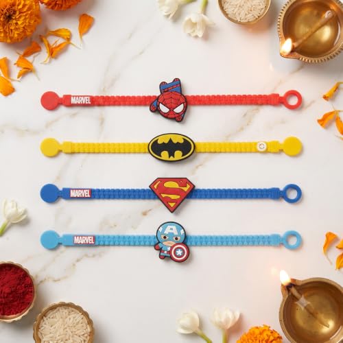 Image of Ultimate Superheroes Slap Band Rakhi and Friendship Band Set | Pack of 4 | Spider-Man Batman Captain America Superman | Rakhi for Boys, Bhaiya, Bhai | Raksha Bandhan Gift