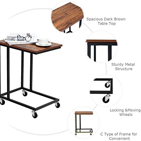 COSTWAY Industrial Side Table with Rolling Casters, Mobile Metal Frame Coffee Table Laptop Desk, Home Office C-Shaped Rustic End Table for Living Room Bedroom Balcony