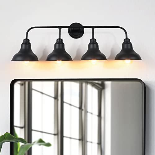 Image of 34.25-Inch 4-Light Matte Black Vanity Light for Bathroom Mirror | Farmhouse industrial style, matte black metal, 4 E26 base max 60W, no bulbs, wall lighting for bathroom mirror, hallway
