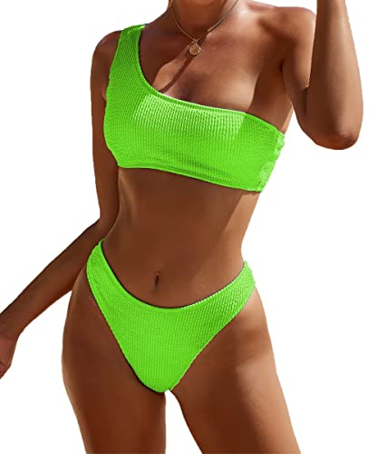 Limeeke Women One Shoulder Bikini Set Ribbed Textured Two Piece Swimsuit High Cut Cheeky Bathing Suit