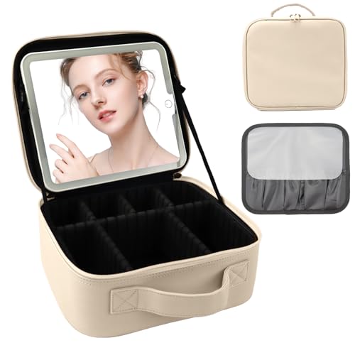 SUILU Makeup Bag with Mirror,Portability Cosmetic Case Portable Cosmetic Brush Organizer Bag with Adjustable Dividers,Gift for Women,Girls Gift. (White, Makeup bag with LED lights)