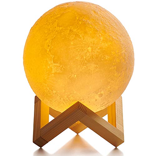 AVVS Lunar Moon Lamp - 3D Printed Night Light For Kinds - Touch Control USB Charging Led Nursery Nightlight With Wooden Stand (5.9in)