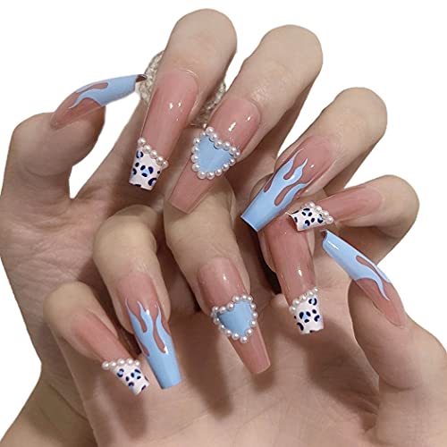 Outyua Bow Flower Printer Press on Nails Pearl Designer Super Long Fake Nails Acrylic French False Nails Glossy False Nails Cute Artificial Full Cover Nails for Women and Girls 24pcs (Heart&Fire)