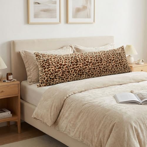 20x54 In Fluffy Leopard Print Body Pillow Cover Cheetah Print Plush Fuzzy Faux Fur Body Pillowcase with Hidden Zipper Furry Long Pillow Cover for Pregnant Women Side Sleeper Brown No Shedding