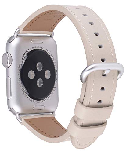 JSGJMY Leather Band Compatible with Apple Watch 38mm 40mm 41mm 42mm 44mm 45mm Women Men Strap for iWatch SE Series 7 6 5 4 3 2 1(Ivory White with Silvery White Clasp, 38mm/40mm/41mm S/M)
