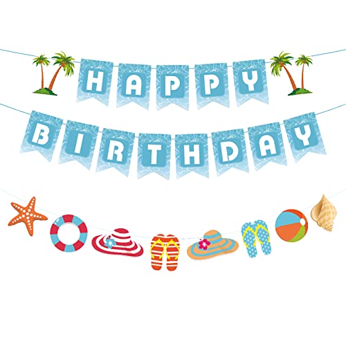 Zwiebeco Seaside Birthday Party Decoration Supplies-Blue White Happy Birthday Sign Banner Starfish Conch Hanging Paper Banner For Kids Adults Tropical Hawaiian Seaside Beach Pool Summer Birthday Decor #TOP5