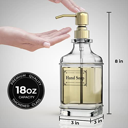 Gladpure Soap Dispenser - 2 Pack, 18 Oz Antique Design Thick Glass Hand Soap Dispensers; With 304 Rust Proof Stainless Steel Pump, 6Pcs Clear Stickers, For Kitchen, Bathroom - Gold #TOP3