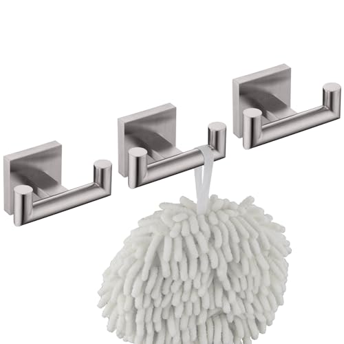 Image of KOKOSIRI Robe Hook Bathroom Double Towel Coat Hooks for Bath Kitchen Wall Mounted, 3 Pack Brushed Nickel Stainless Steel B1015BR-P3