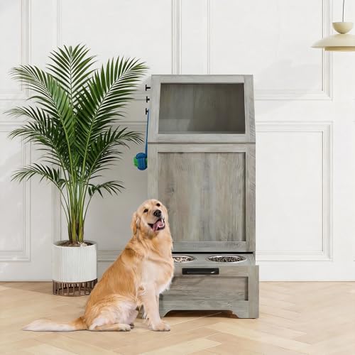 Dog Feeding Station with Raised Bowls and Storage
