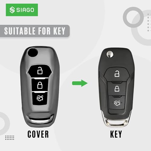 Image of SIAGO TPU Key Cover and Round Key Chain Compatible with Endeavour, Figo Aspire, Freestyle 2017, 2018, 2019 3 Button Flip Key (Grey)