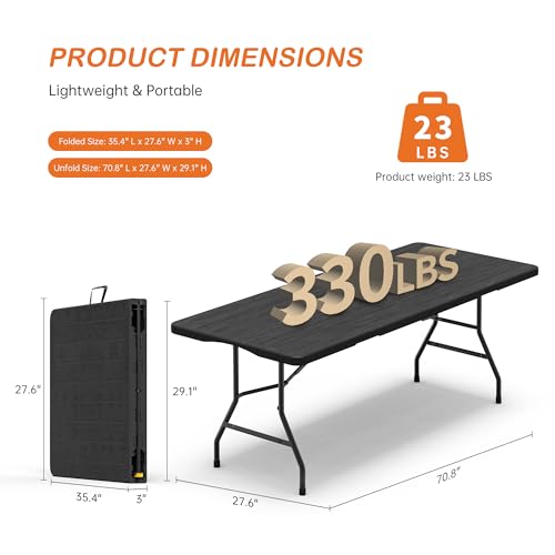 VSOAEIL Set of 2 6 Foot Folding Table for Indoor Outdoor, Portable Heavy Duty Fold-in-Half Utility Plastic Foldable Dining Table with Carrying Handle for Picnic, Camping and Party, 2 Pack Matte Black - Thumbnail 2