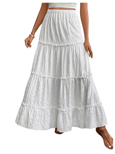 SweatyRocks Women's High Waist A Line Layer Frill Trim Ruffle Hem Maxi Skirts White Small