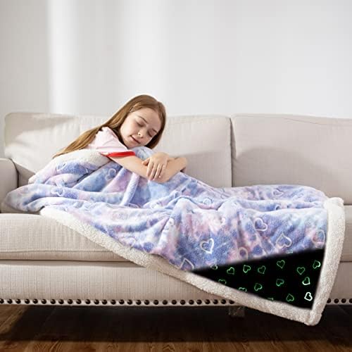 Glow in The Dark Blanket for Kids, Love Heart Luminous Birthday Super Soft Fuzzy Plush Sherpa Furry Fleece Multicolor Throw Blanket 50"x60" Boys Girls Gifts