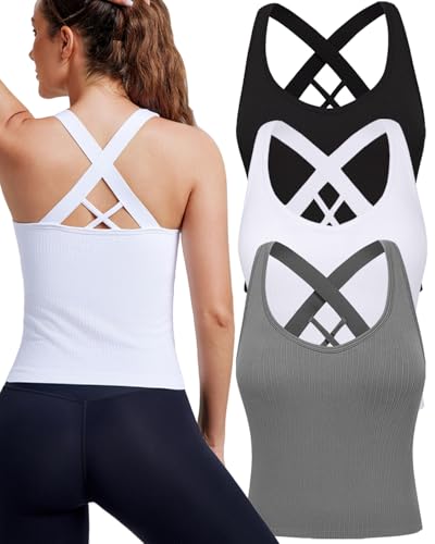 Evercute Workout Yoga Crop Tank Tops for Women 1/2/3 Pack Criss Cross Strappy Tops with Built in Bra Ribbed Seamless Tanks