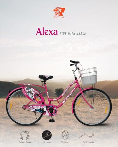 Image of ROOTLINE Alexa Pink 26T Bicycle for Girls /Women with Front Basket and Integrated Carrier | BCP Rim & Handle (26, Pink)