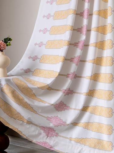 Image of Tranquebar Curtain Co. Window Curtains 5 Feet, 60-65% Room Darkening,Pink-Yellow Geometric Print,Cotton Curtains for Window, Cotton Curtains 5 Feet Long Set of 2, BackTab Loops,Tavi (152 cm)-Set of 2