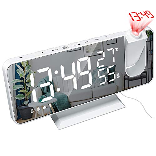 Mightree Projection Alarm Clock For Bedroom, Digital Alarm Clock With Usb Charger, 7.4" Large Led Mirror Display Radio Alarm Clock, Dual Smart Alarm With Projection On Ceiling, White #TOP7