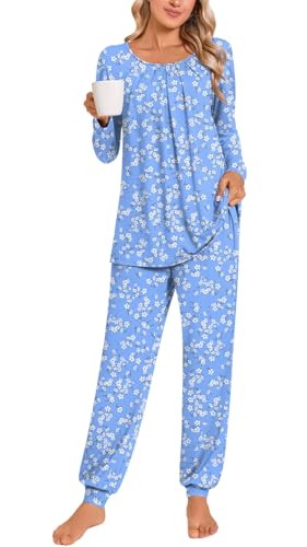 Anymeet Homegoods Online Store Soft Winter Long Sleeve Pajama Set 2 Piece Fit Lounge Sleepwear Ladies Pjs Sets Blue White Flower M
