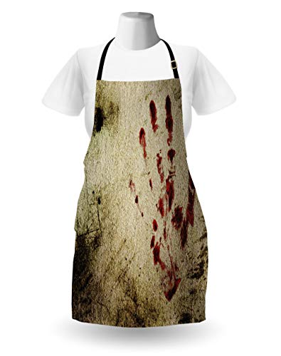 Ambesonne Horror House Apron, Grunge Dirty Wall Bloody Hand Print Murky Palm Trace Victim Violence, Unisex Kitchen Bib With Adjustable Neck For Cooking Gardening, Adult Size, Beige Red #TOP1