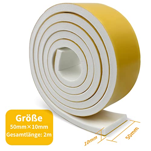 Moosgummi Selbstklebend Weiß Dichtungsband Selbstklebend 50 mm(B) x10 mm(D) X 2M(L) Schaumstoff Klebeband für Fenster Türen Siegel Anti-Kollision Schalldämmung