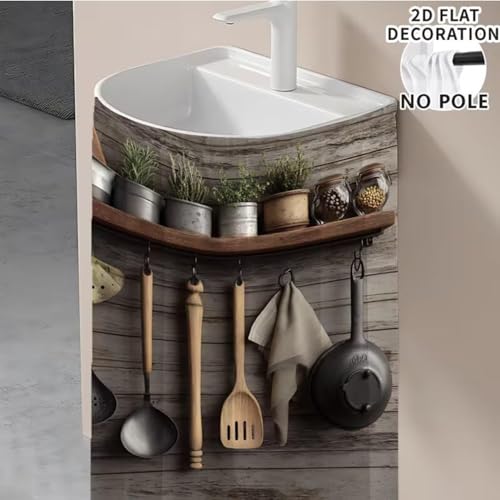 Image of Premium Printed Kitchen Sink Curtain with Rod Pocket | Under Sink Storage Cover | Washable Dustproof Cabinet Curtain for Kitchen Counter, Wash Basin (Brown, Pack of 2)