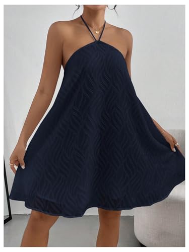 Image of MakeMeChic Women's Halter Dress Summer White Beach Mini Backless Flowy Short Dress