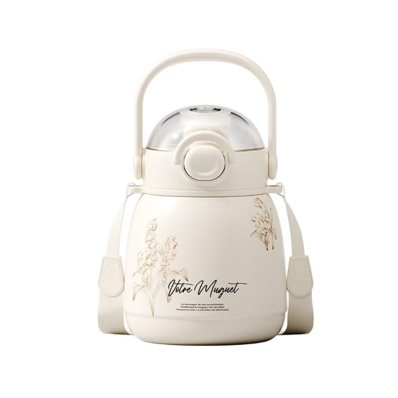 Ceramic Insulated Water Bottle Dual Drinking Modes Temperature Locking Anti-Corrosion Liner Portable with Handle Strap White Floral Design