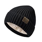Zando Black Satin Lining Beanie for Women & Men - Warm Winter Hats, Silky Lined Thick Knit Fashionable Beanies for Skiing Travel Daily Wear,Slouchy Skull Sleep Cancer Caps One Size