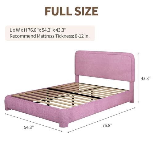 Image of BarnFurin Full Bed Frame, Cloud Boucle Headboard, Low Profile, Rose Pink | Soft boucle and rounded edges create a low-profile cloud look. Wooden slats support the mattress without a box spring