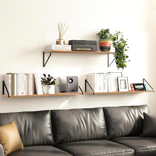 Image of Decazone Floating Shelves for Wall Storage - Set of 3, MDF Board Bookshelves for Living Room, Bedroom, Kitchen & Office - Sturdy Wall-Mounted Display for Bookcase & Decor (Brown, Wide- 36 inch Inch)