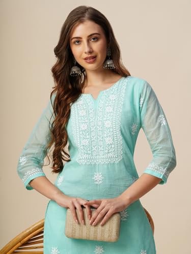 Image of RATAN Muga Cotton Straight Lucknowi Chikankari Ethnic Wear Kurta for Women