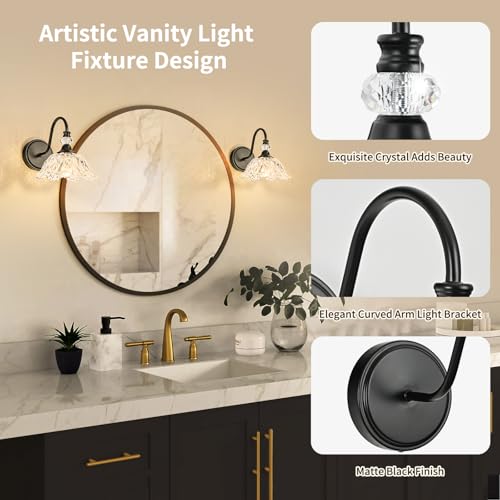 Image of 1 Piece Black Wall Sconce with Floral Clear Glass Shade, Black Farmhouse Wall Mount Lighting for Bathroom,Vintage Bathroom Vanity Light Fixture
