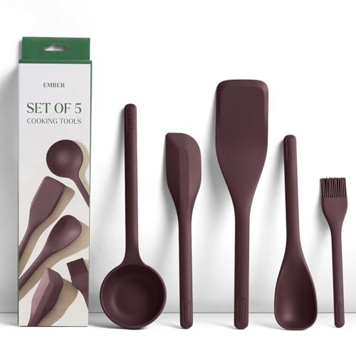 Image of Ember Cookware Silicone Kitchen Tool Set of 5 - Ladle, Brush, Flip, Stir & Scraper | 230C Heat Resistant | Platinum Grade Silicone- Food Safe | Non Scratch Seamless Unibody Design | Wine