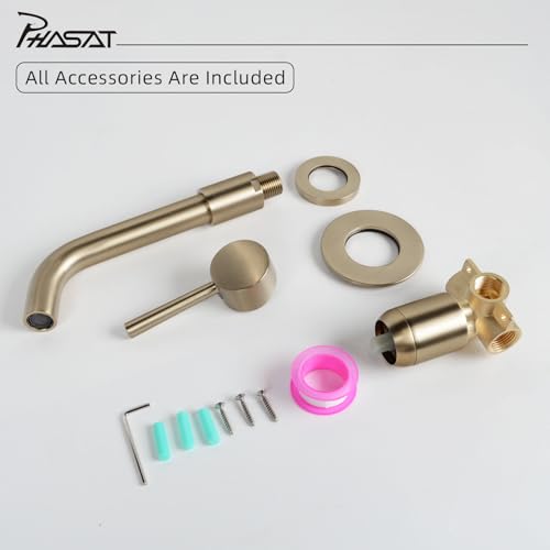 PHASAT Unterputz Wandarmatur, Wandmontage Badarmatur Messing, 360°schwenkbar 2-Loch Wasserhahn Bad Unterputz Armatur Waschbecken, Gebürstetes Gold PTBB06LG