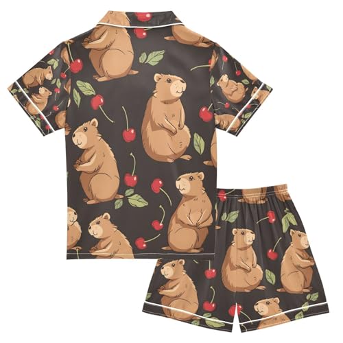 senya Capybaras and Cherry Satin Summer Pajama Sets Silk Short Sleeve Button Down Sleepwear2