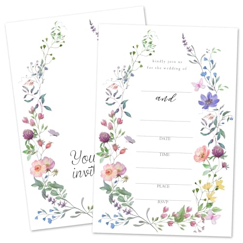 ZARYFANCHY Floral Wedding Invitations For Mr & Mrs, Fill In Blank Bridal Shower Invitations With Envelopes, 25 Wildflower Wedding Shower Invites, Engagement Party Favor & Supplies -28