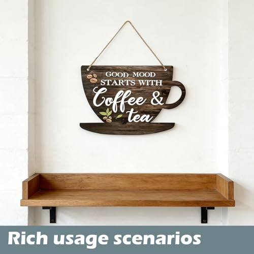 HUANYO Coffee Sign Wooden Hanging Plaque - "Good Moon Begins with Coffee" - 29x19cm Rustic Kitchen Wall Decor - Image 5