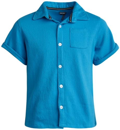 Image of DKNY Boys 3 Piece Button Down Shirt Crewneck Tee and Twill Shorts Set | Woven Button Down, Soft Tee and Matching Shorts, Breezy Lightweight Comfort for Everyday Summer Wear and Play