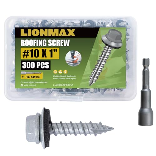 LIONMAX 300-PCS Metal Roofing Screws #10 × 1 Inch, Rustproof Coating Hex Head Sheet Metal to Wood...