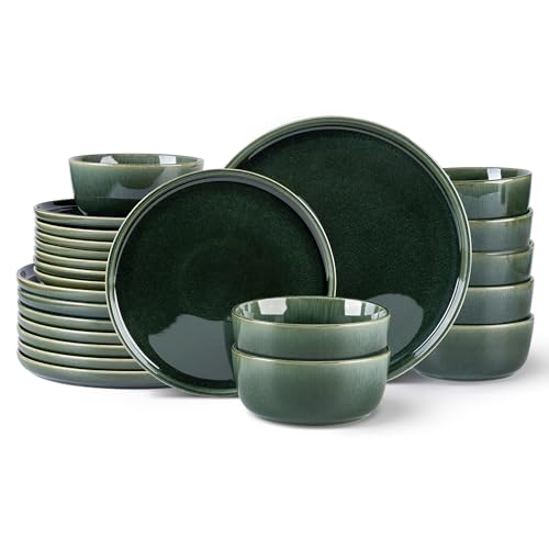 Image of GBHOME Ceramic Dinnerware Sets for 8, 24 Pieces Stoneware Plates and Bowls Sets, Reactive Glaze Dishes -Scratch Resistant, Dishwasher&Microwave Safe, Earth Green