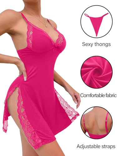 Image of Foxiny Sexy Split Side Floral Lace Trim Full Slip Night Gown Babydoll Lingerie Dress with Thong 2 piece