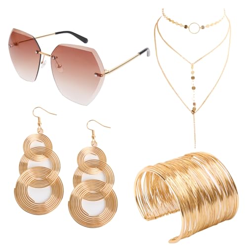jerbro 4er 70er 80er 90er Disco Kostüm Set Hiphop Sonnenbrille Fasching Choker Halskette Ohrringe Armreif für Cosplay Halloween Karneval Thema Party (Golden)