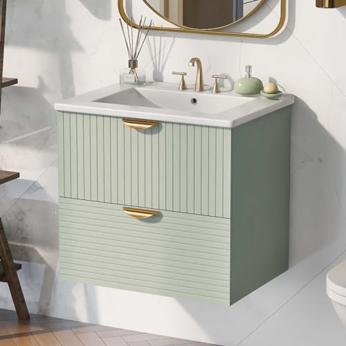 24 Inch Bathroom Vanity with Sink,Single Sink Bathroom Vanity,Wall Mount&Small Floating Bathroom Vanity with Sink,2 Drawers,Gold Handles,Tops, Sturdy and Easy to Install (Green)