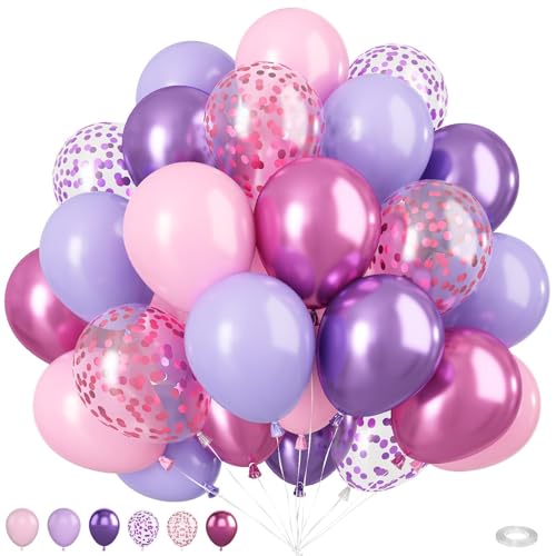 Pink and Purple Balloons, 50PCS 12 Inch Confetti Balloons, Metallic Purple Pink Latex Balloons with Ribbon, Party Balloons for Birthday Shower Wedding Party Decorations