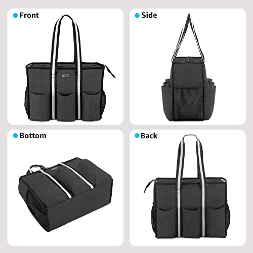 Trunab Teacher Utility Tote Bag With Multiple Pocket And Large Compartment For Up To 15.6” Laptop, Zip Top Carrying Bag For Working Women, Travel, School, Office, Craft, Black #TOP4