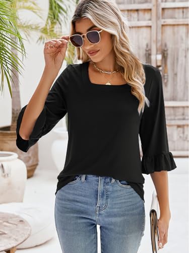 Poetsky Women's Casual 3/4 Sleeve Tops Summer Square Neck T Shirts Ruffle Loose Fit Tunic Blouses2