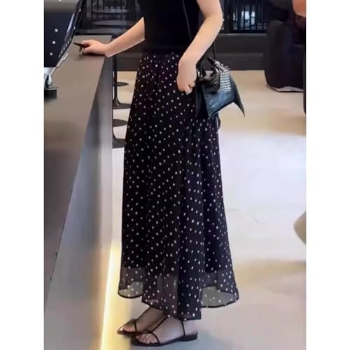 Black Polka Dot Skirt Sheer A Line Elastic Waist Midi Vintage Elegant Summer Casual Streetwear Skirt3