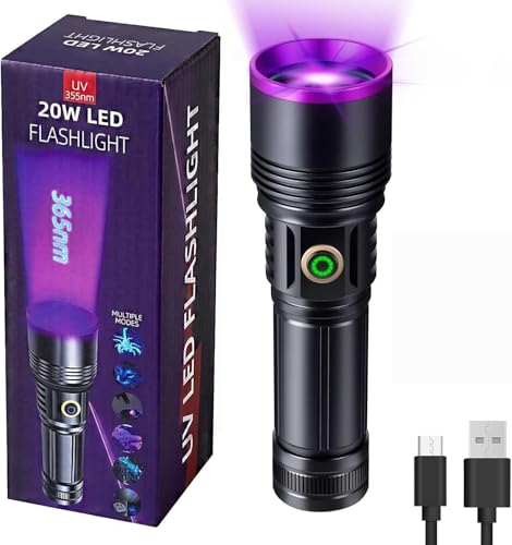 JUHEDCK 20W 365nm UV Flashlight USB Rechargeable UV Lamp High Power Black Light Flashlight for Pet Urine Testing, Resin Curing, Minerals, GERG0