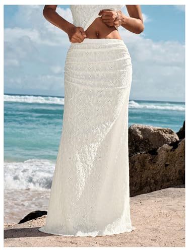 Verdusa Women's Eyelet Embroidery Ruched Maxi Skirt Drop Waist Fishtail Bodycon Skirts4