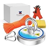 Thaibear Magnet Fishing Kit - 700 lbs Single Sided Neodymium Magnet with Rope, Carabiner, Gloves - Super Strong for Retrieval & Salvage in Rivers - 2.95 inch Diameter